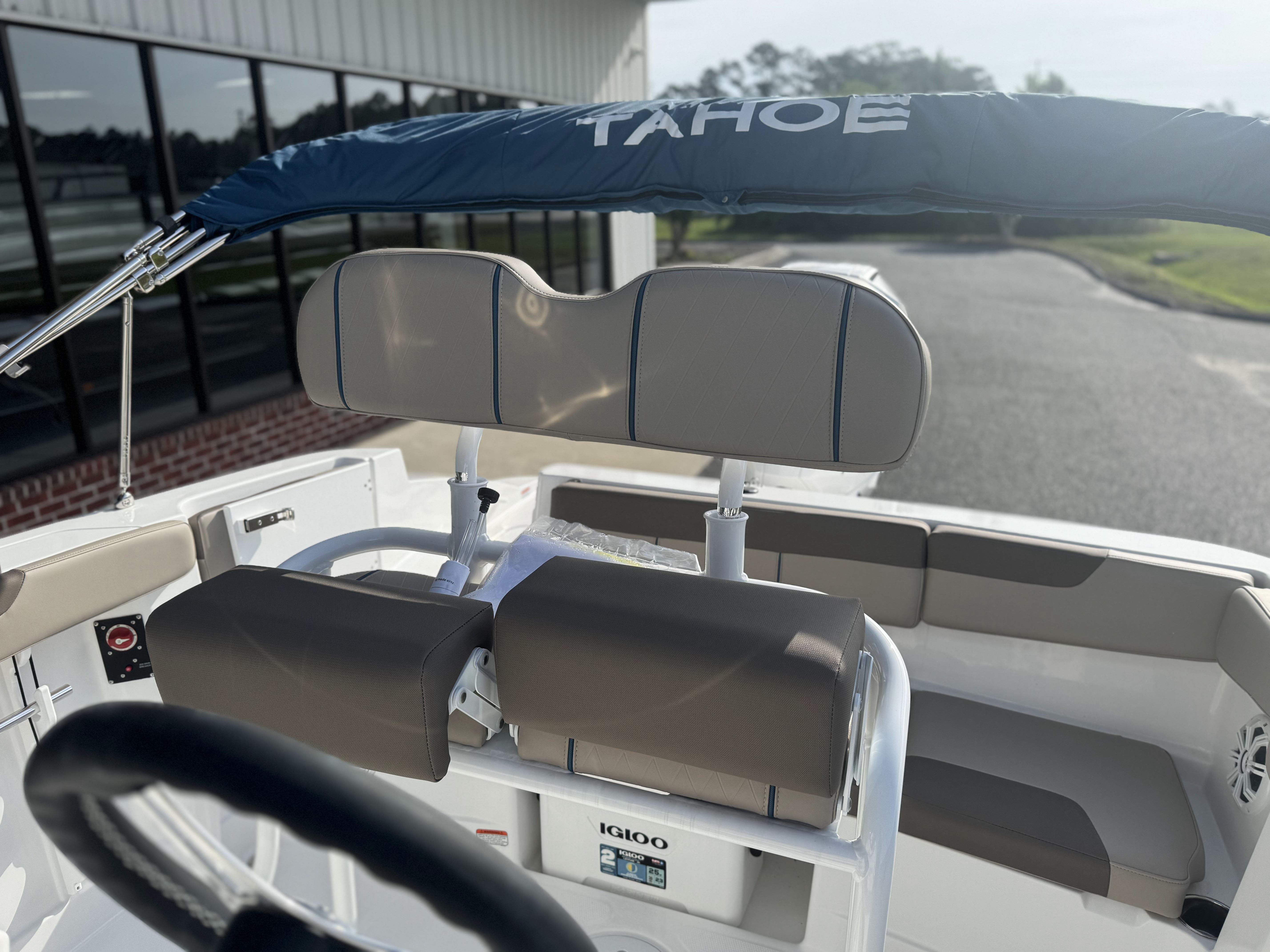 2025 Tahoe 2150 CC boat interior with seating and canopy.
