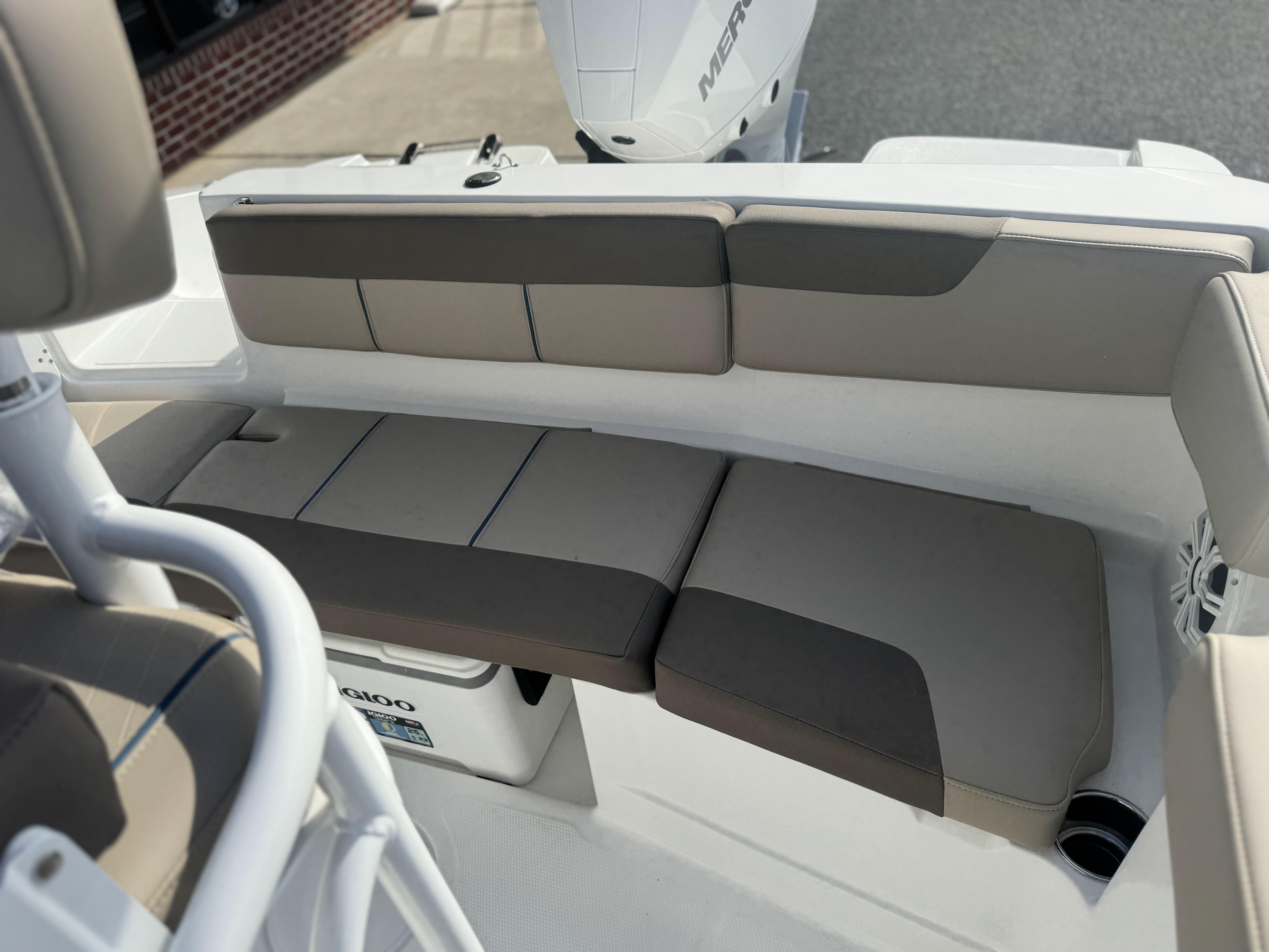 2025 Tahoe 2150 CC boat interior with cushioned seating and modern design.
