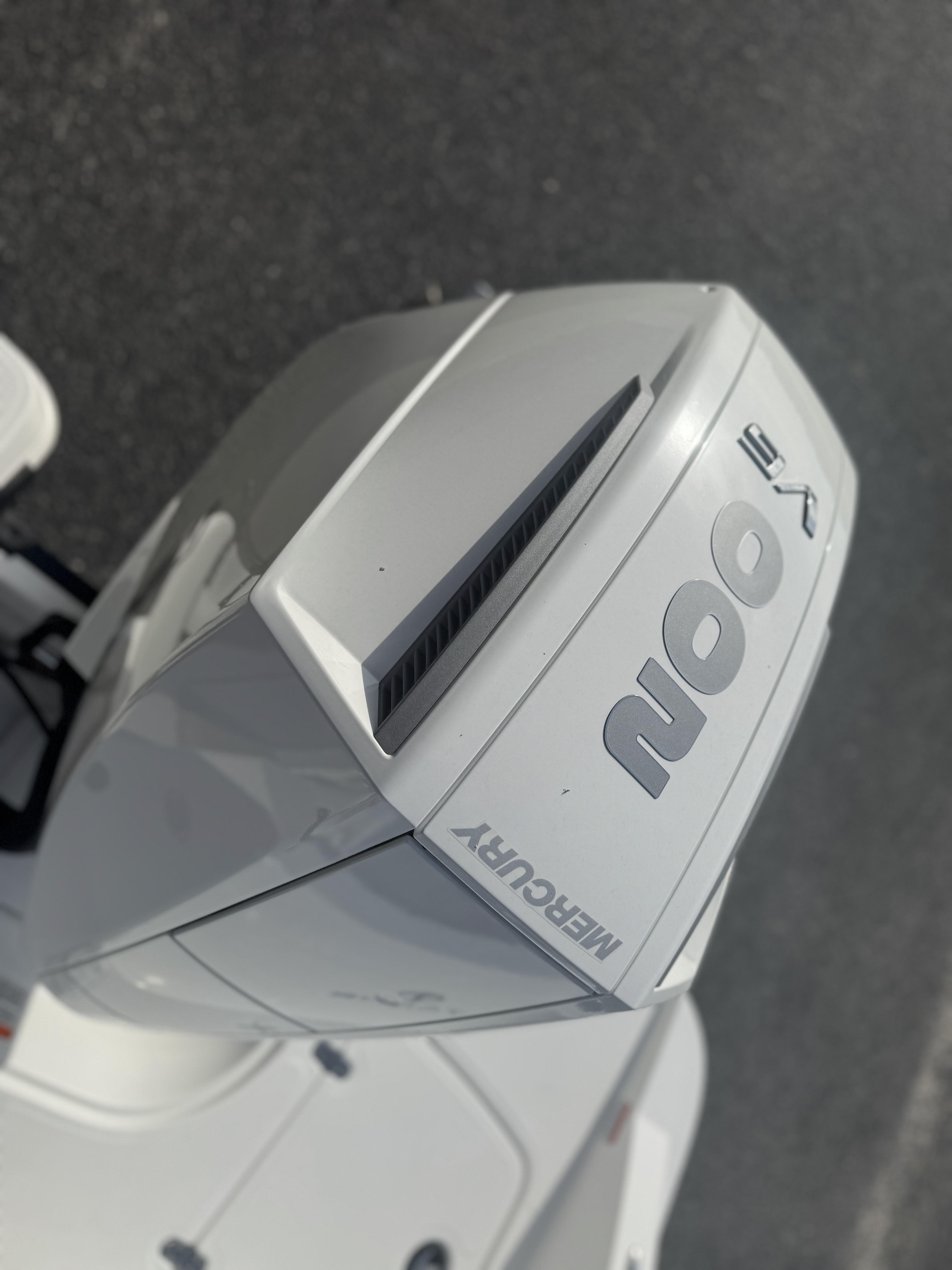 Mercury outboard engine on 2025 Tahoe 2150 CC boat, top view.