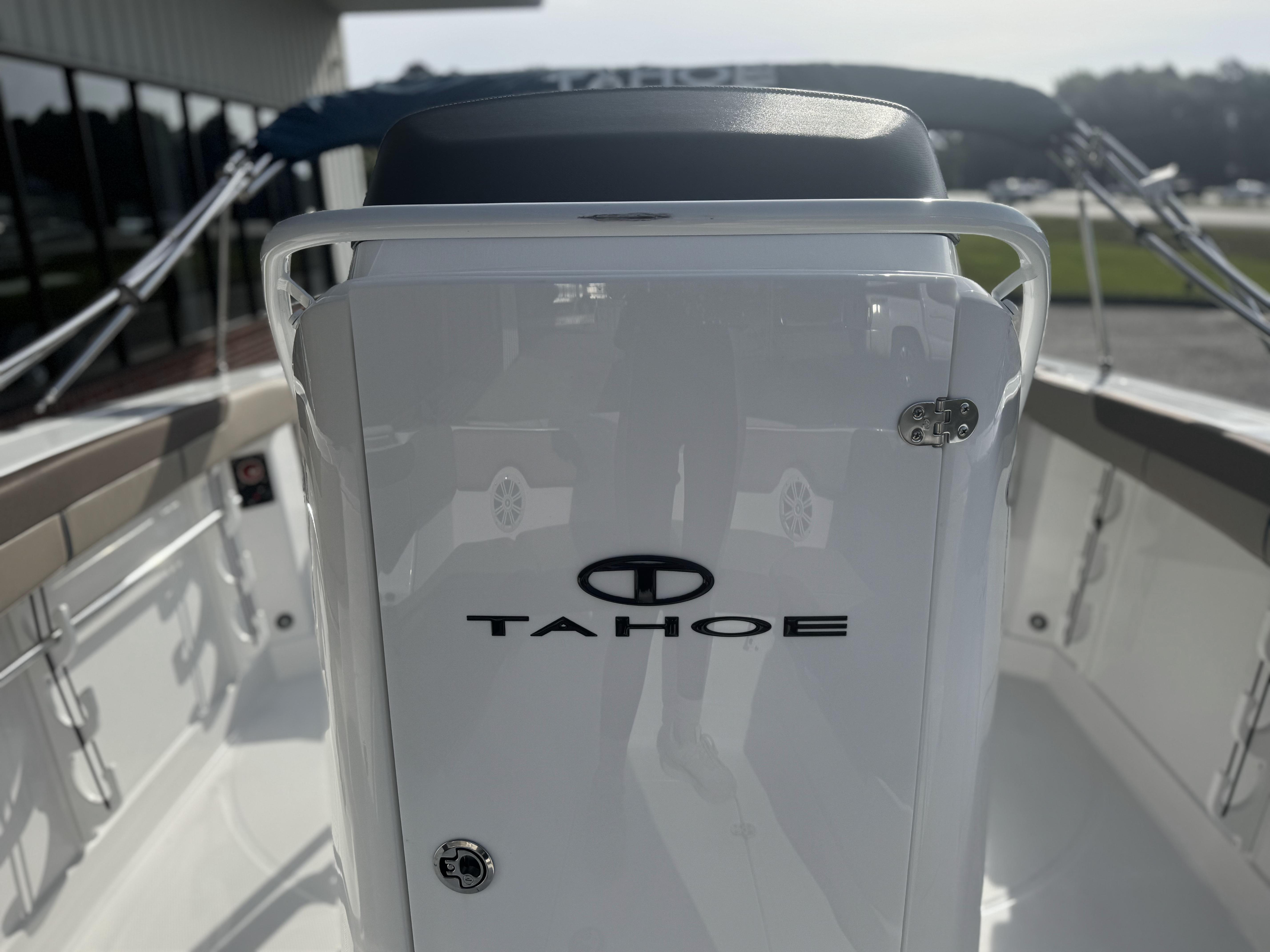 2025 Tahoe 2150 CC boat interior with logo, showcasing sleek design and modern features.