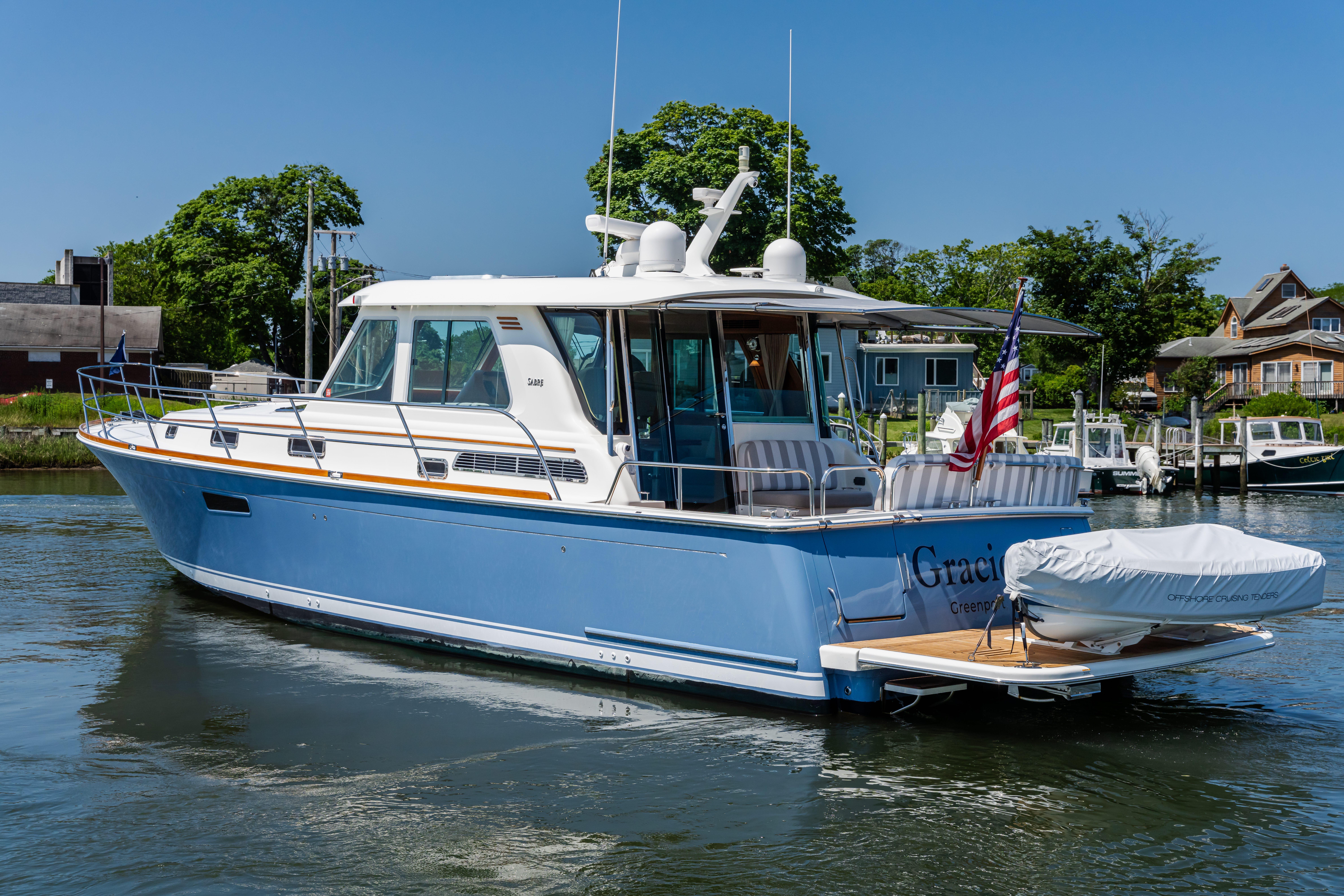 2020 Sabre 48 Salon Express yacht on water, featuring sleek design and American flag.