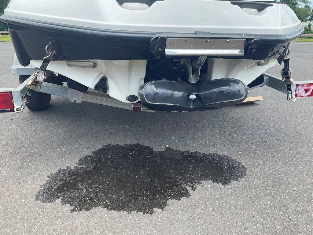 Rear view of 2009 Sea-Doo 150 Speedster 255 on trailer, with water puddle beneath.