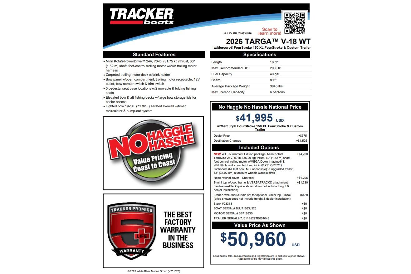 2026 Tracker Targa V-18 WT boat features, pricing, and warranty details.