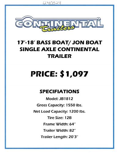 2021 Continental Trailers boat for sale, model of the boat is JB1812 & Image # 1 of 1