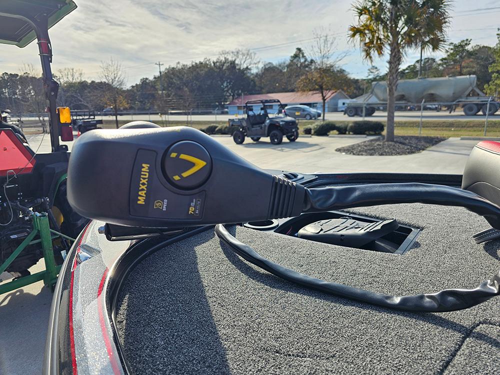 Trolling motor on Nitro Z18 boat, 2025 model, parked outdoors.