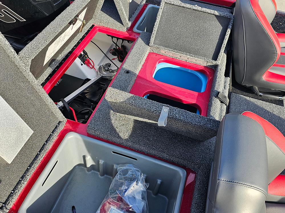 2025 Nitro Z18 boat interior with storage compartments and seating.