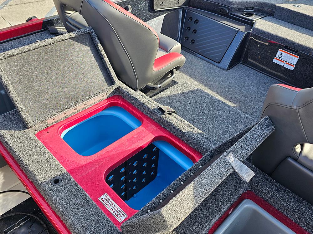 Interior of 2025 Nitro Z18 boat with storage compartments and seating.