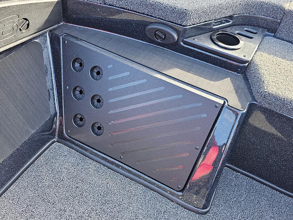 2025 Nitro Z18 boat interior with storage compartment and cup holder.