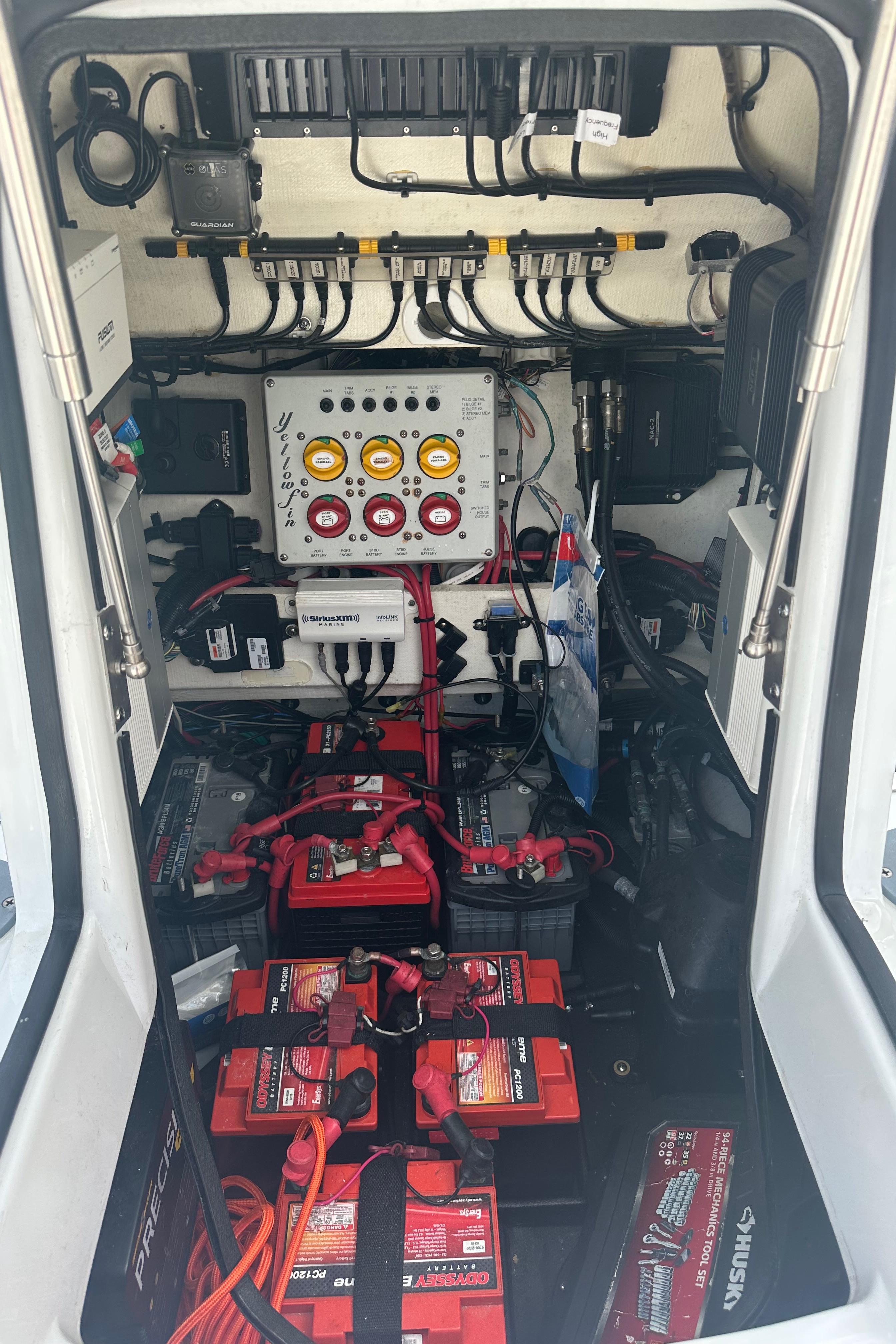 2020 Yellowfin 26 Hybrid boat electrical system with batteries and wiring.