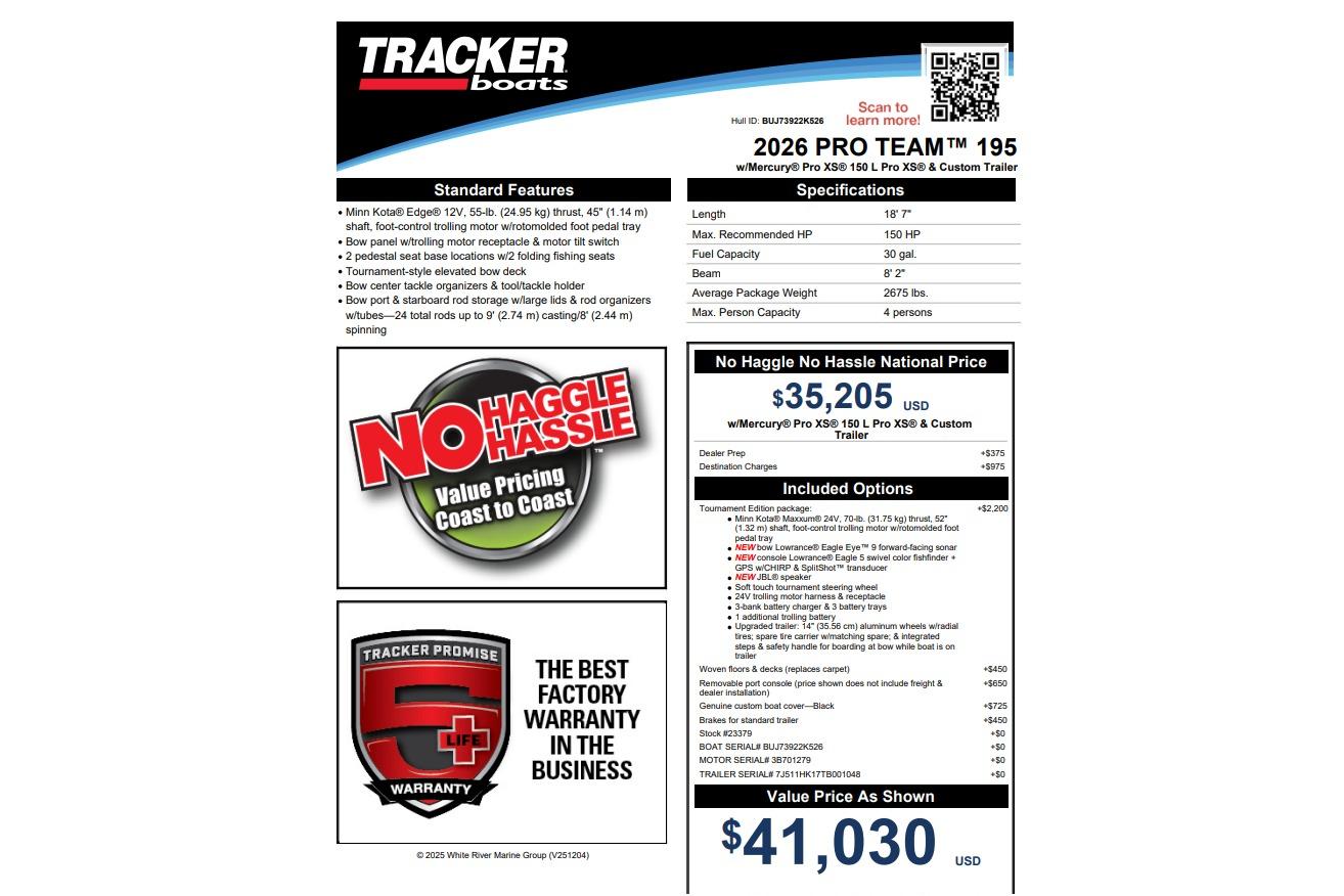2026 Tracker Pro Team 195 boat specifications and pricing details with no-haggle policy.