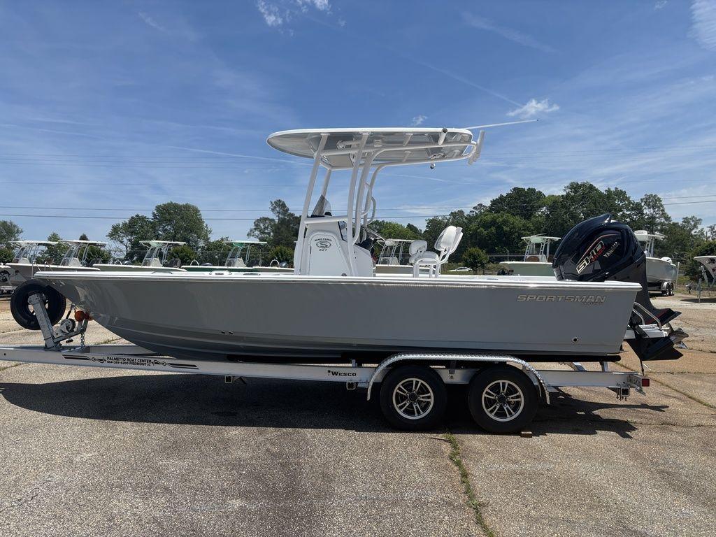2024 Sportsman Masters 227 Bay boat on trailer, side view, outdoors.