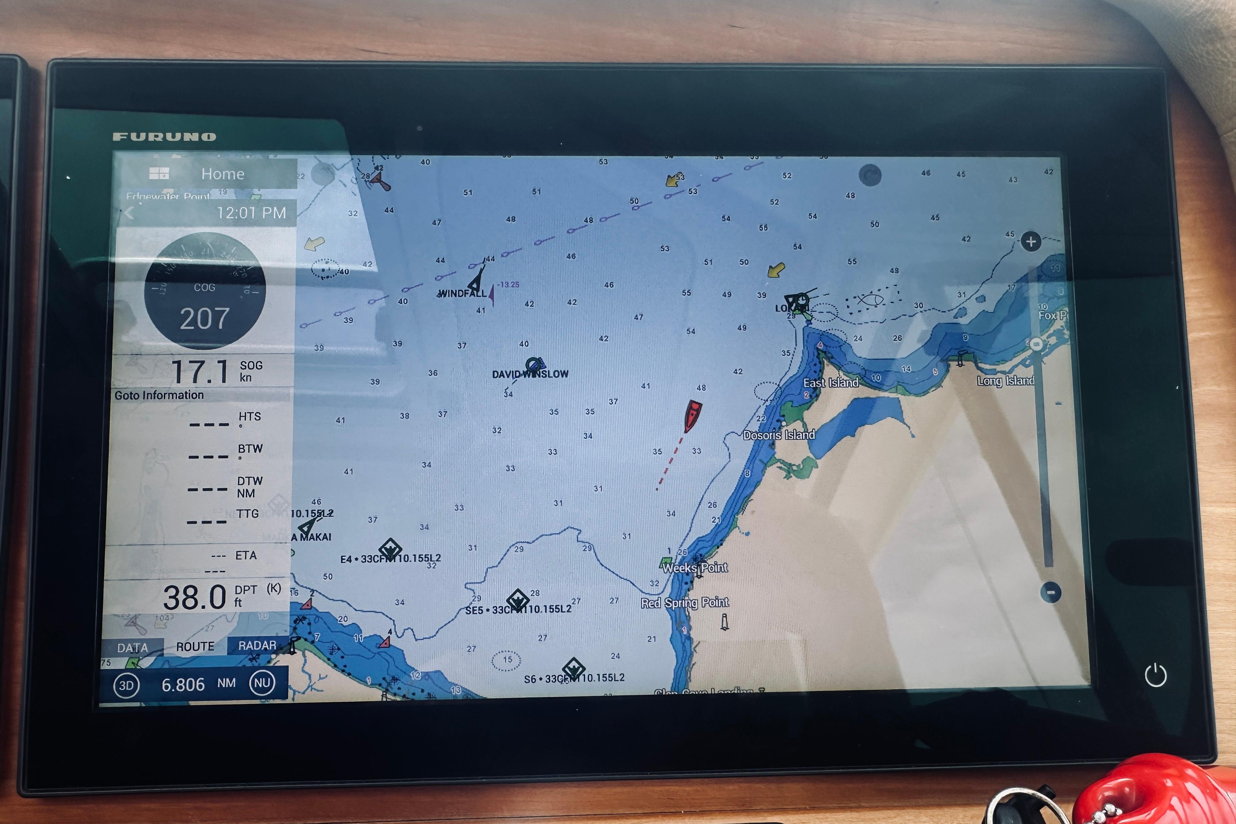 Navigation display on a 2017 Back Cove 41, showing nautical chart and vessel data.