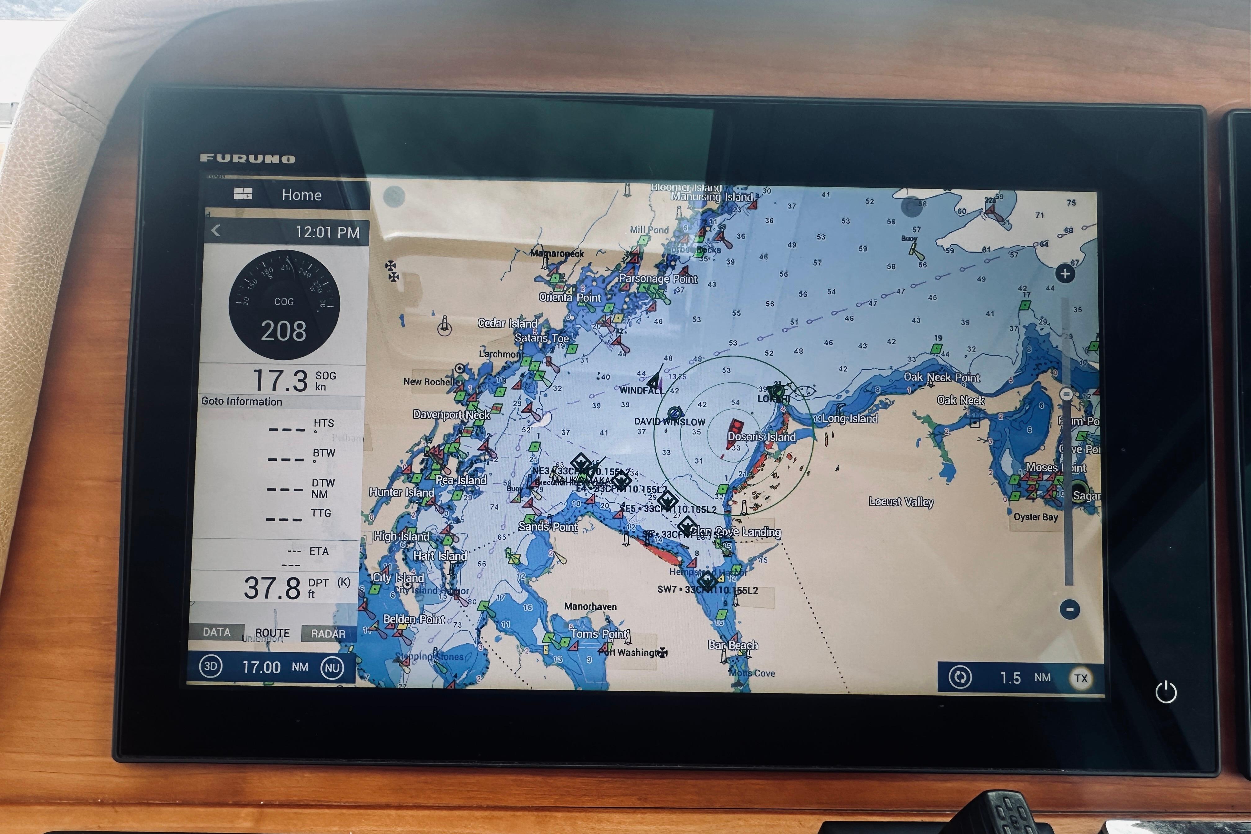 Navigation display on 2017 Back Cove 41, showing detailed marine chart and speed data.