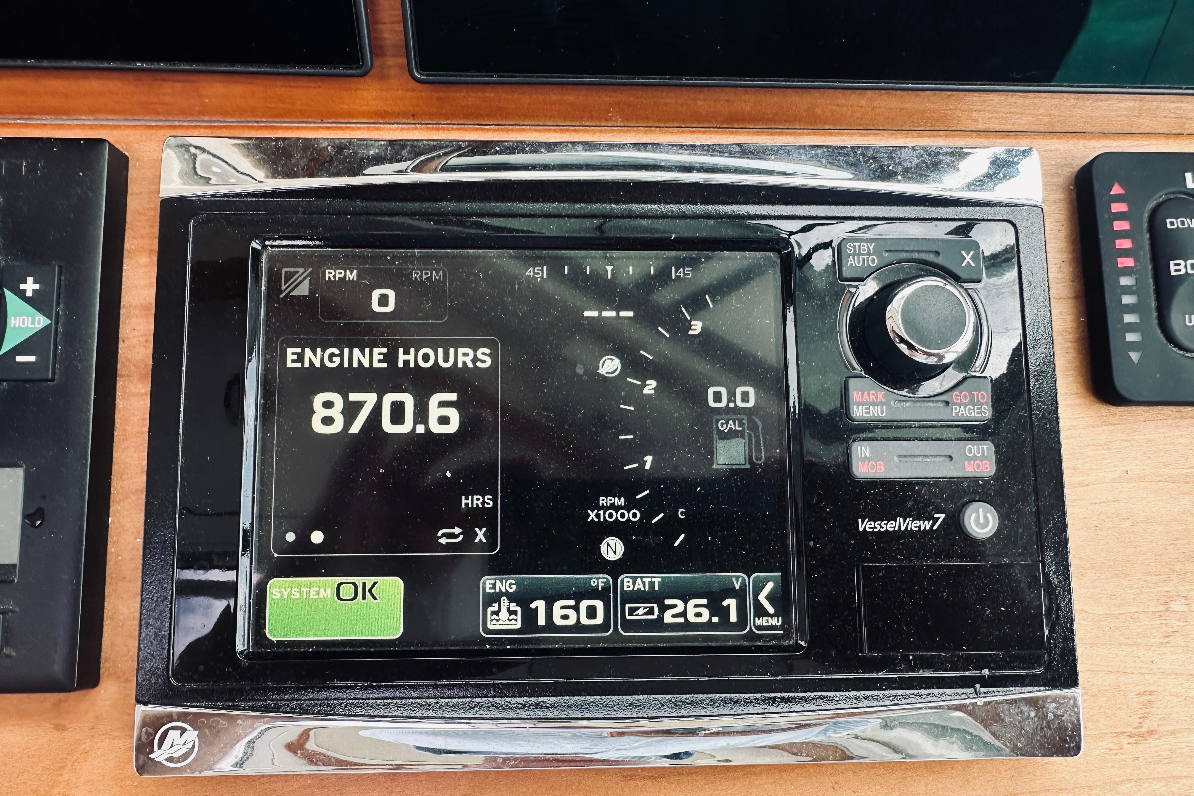 Display panel of a 2017 Back Cove 41 showing 870.6 engine hours.