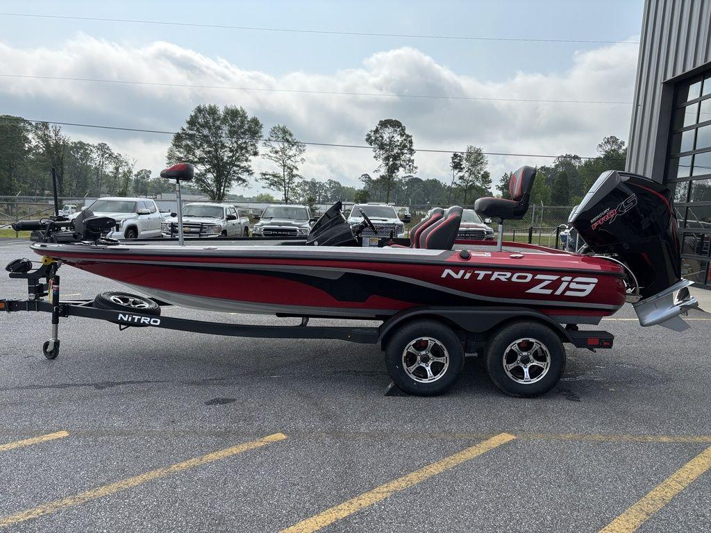 2025 Nitro Z19 Pro boat on trailer, parked outdoors near a building.