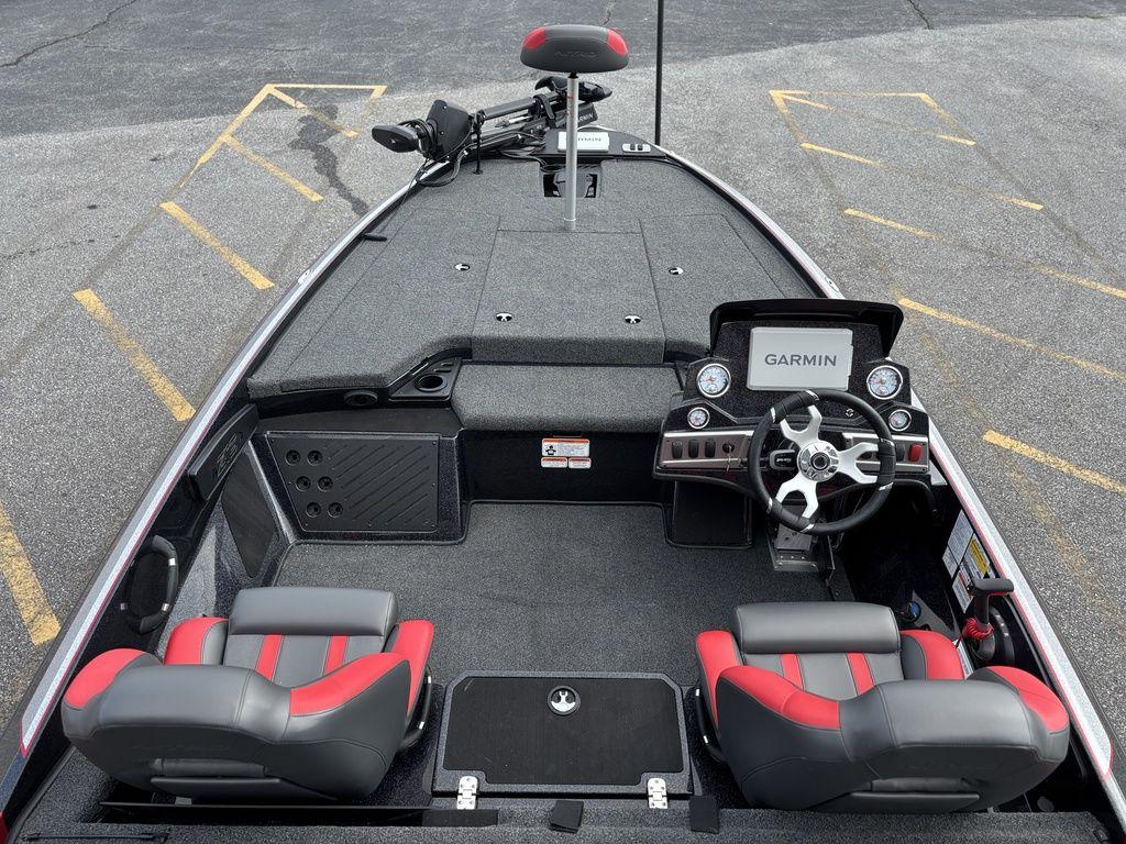 2025 Nitro Z19 Pro boat interior with Garmin system, dual seats, and steering wheel.