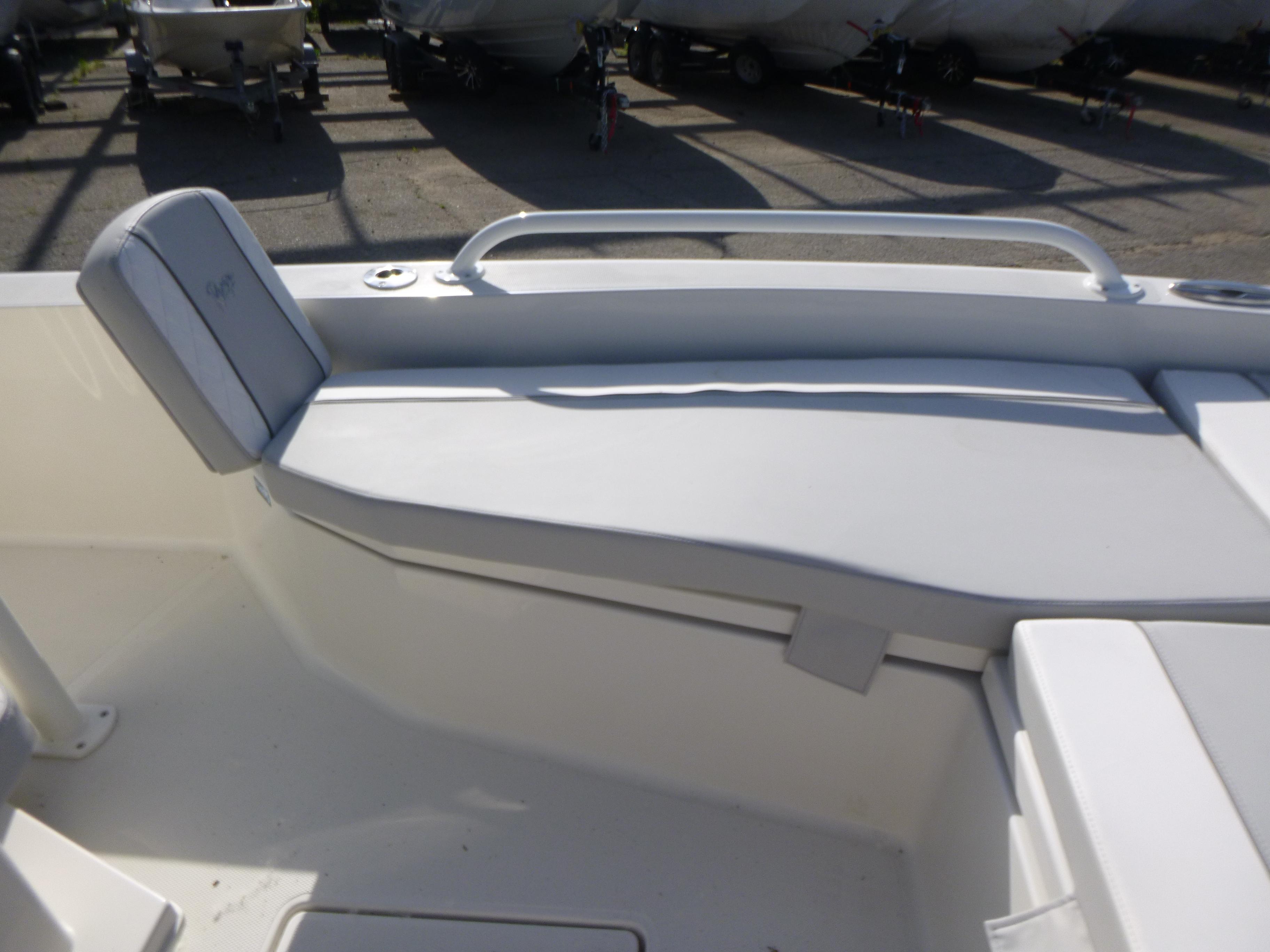 2024 Ranger 2360 Bay Ranger boat interior seating area with cushioned bench.