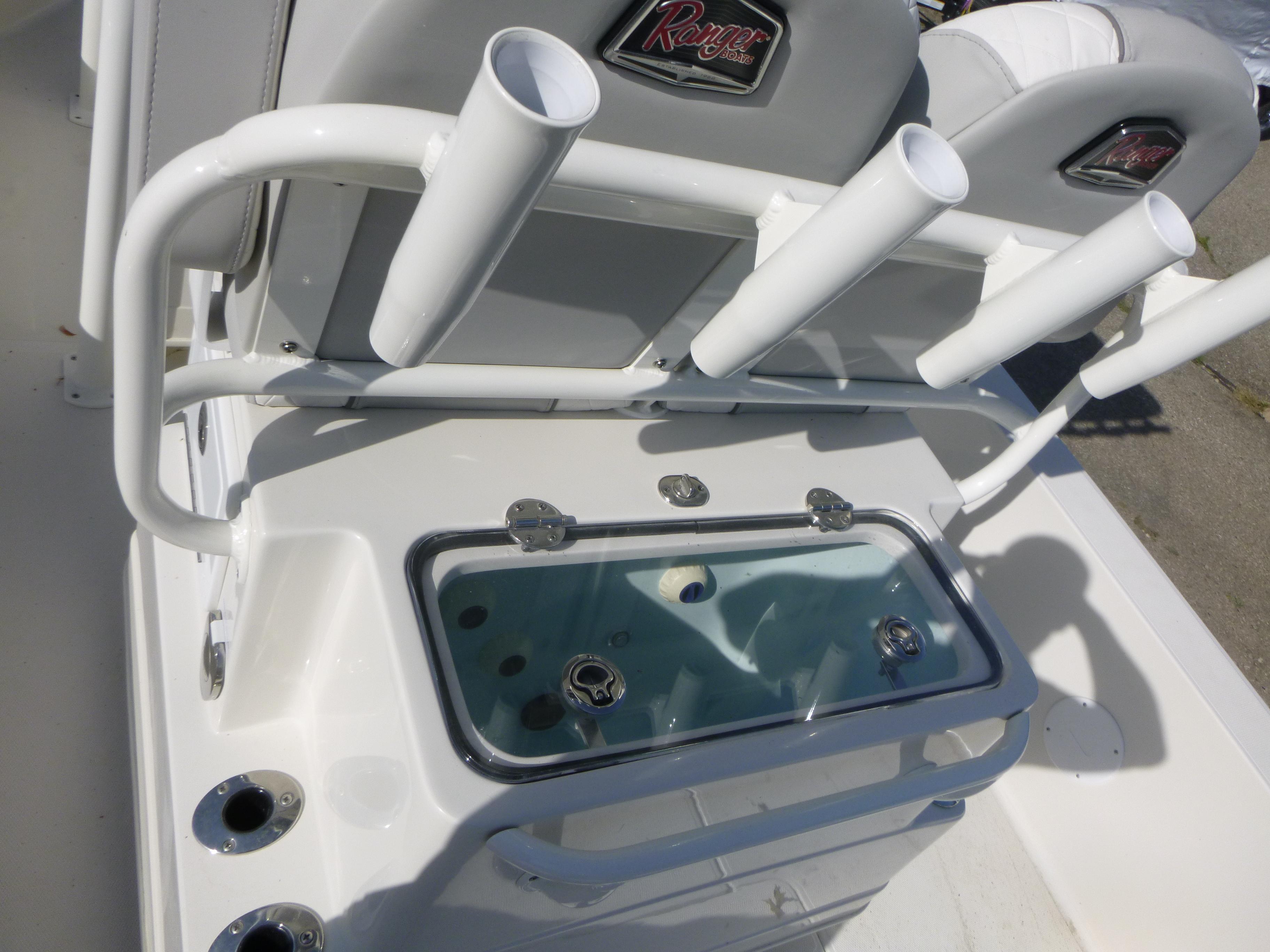 2024 Ranger 2360 Bay Ranger boat with rod holders and livewell.