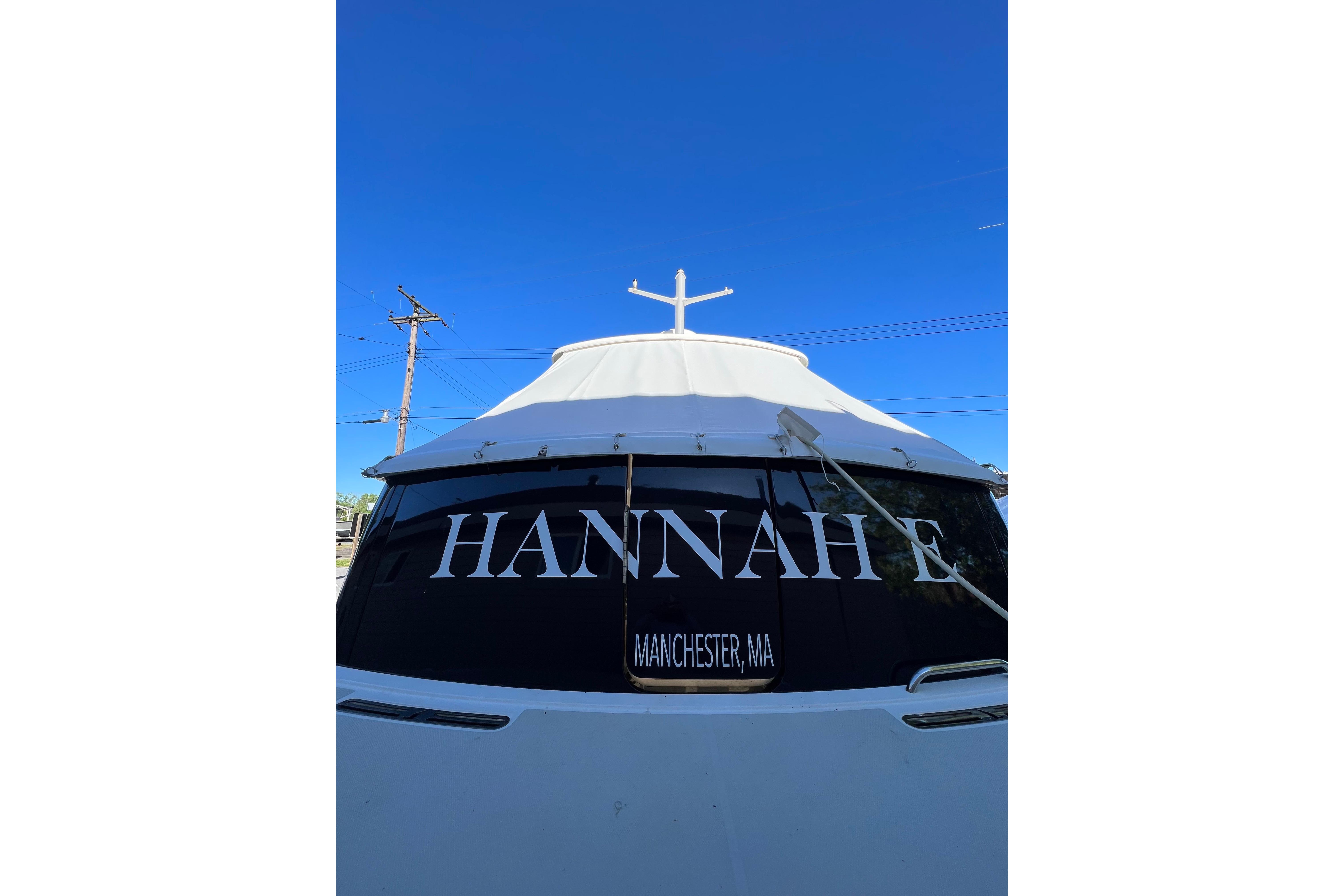 2015 Back Cove 30 boat named u0022HANNAH Eu0022 in Manchester, MA, under clear blue sky.