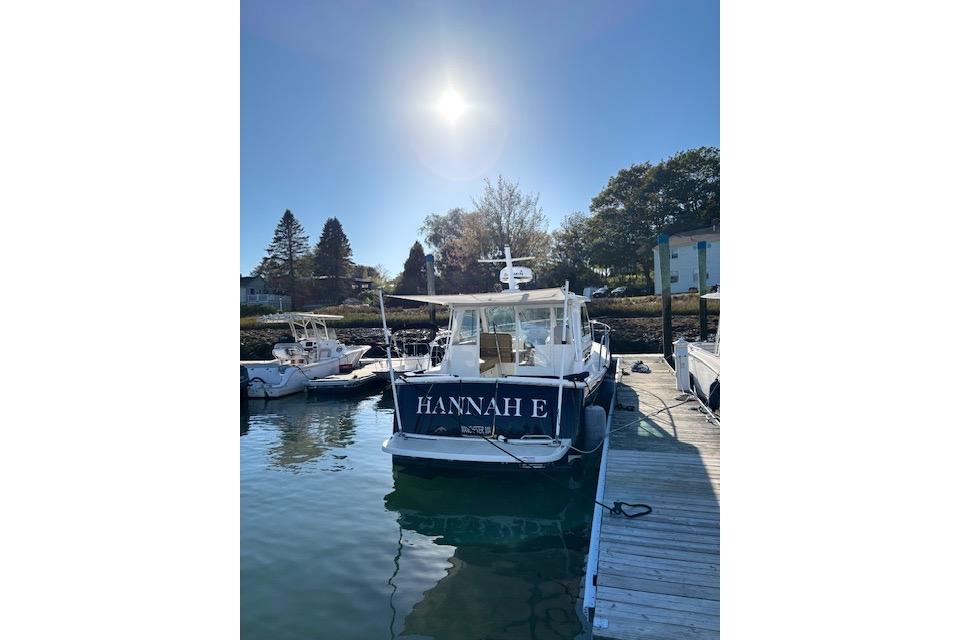 2018 Back Cove 30 boat docked under clear sky, named u0022HANNAH Eu0022.