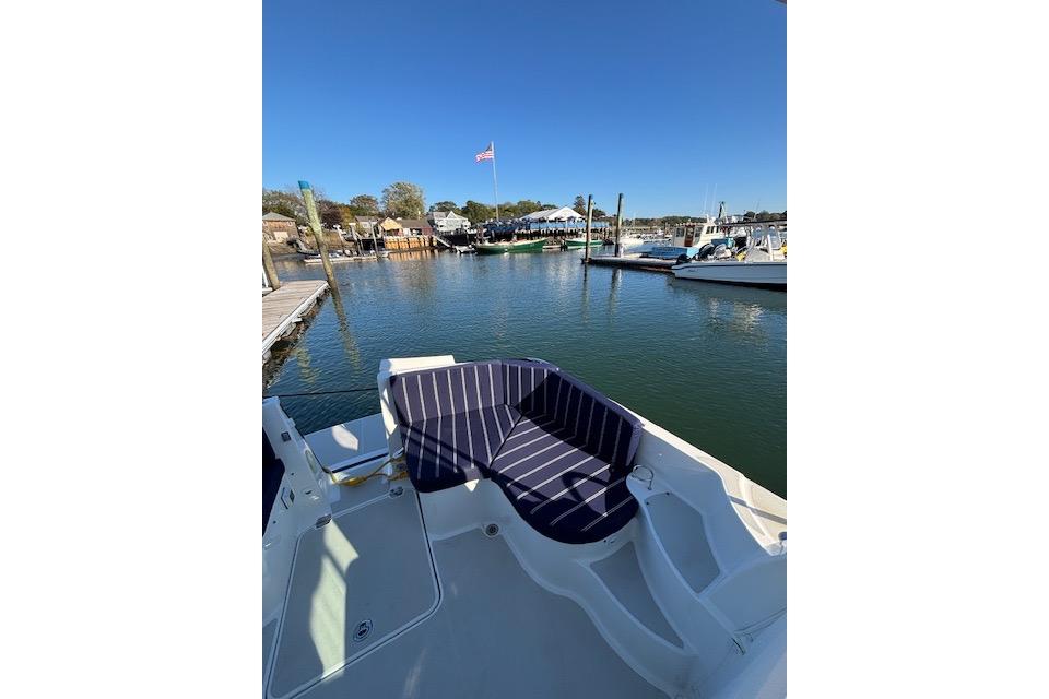 2018 Back Cove 30 boat with striped seating, docked in a serene marina.