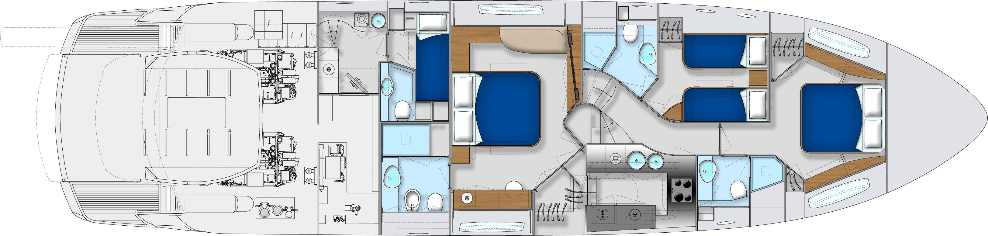 Manufacturer Provided Image: Pershing 74 Lower Deck Layout Plan