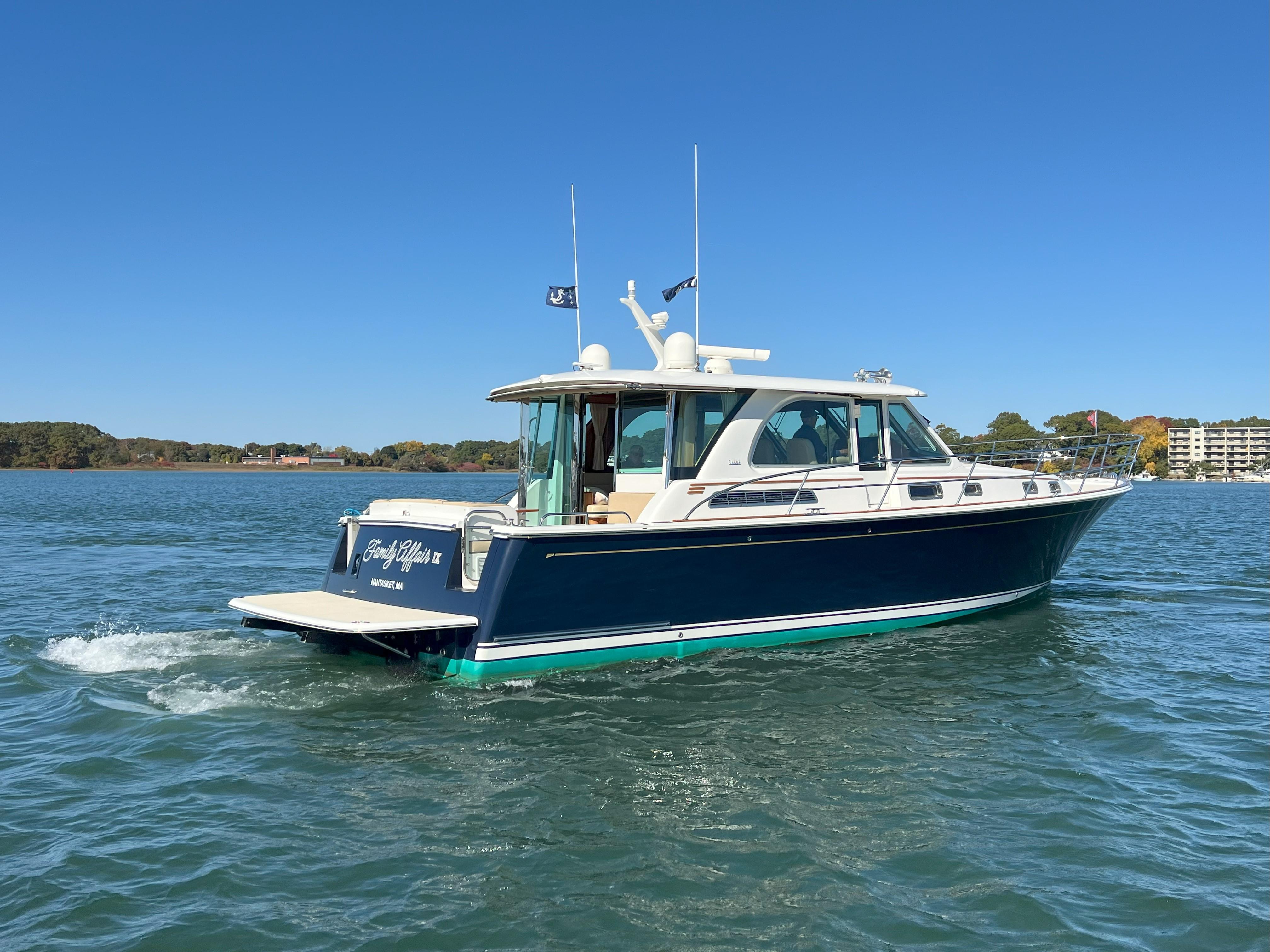 2018 Sabre 45 Salon Express yacht cruising on a sunny day.
