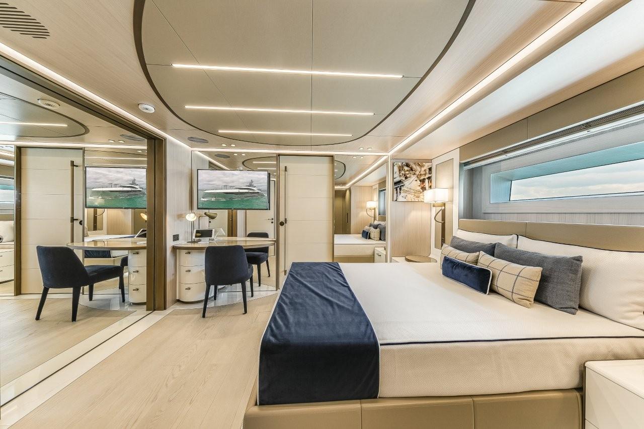 Rossinavi-Custom 2020-EIV FL-US-Luxurious Rossinavi Custom 2020 yacht bedroom with modern decor and elegant furnishings.-9772003 | Thumbnail
