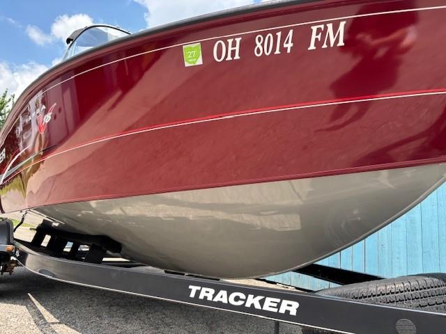 2015 Tracker Targa V-18 Combo boat on trailer, red hull, registration OH 8014 FM.