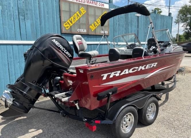 2015 Tracker Targa V-18 Combo boat with Mercury engine, parked on a trailer.