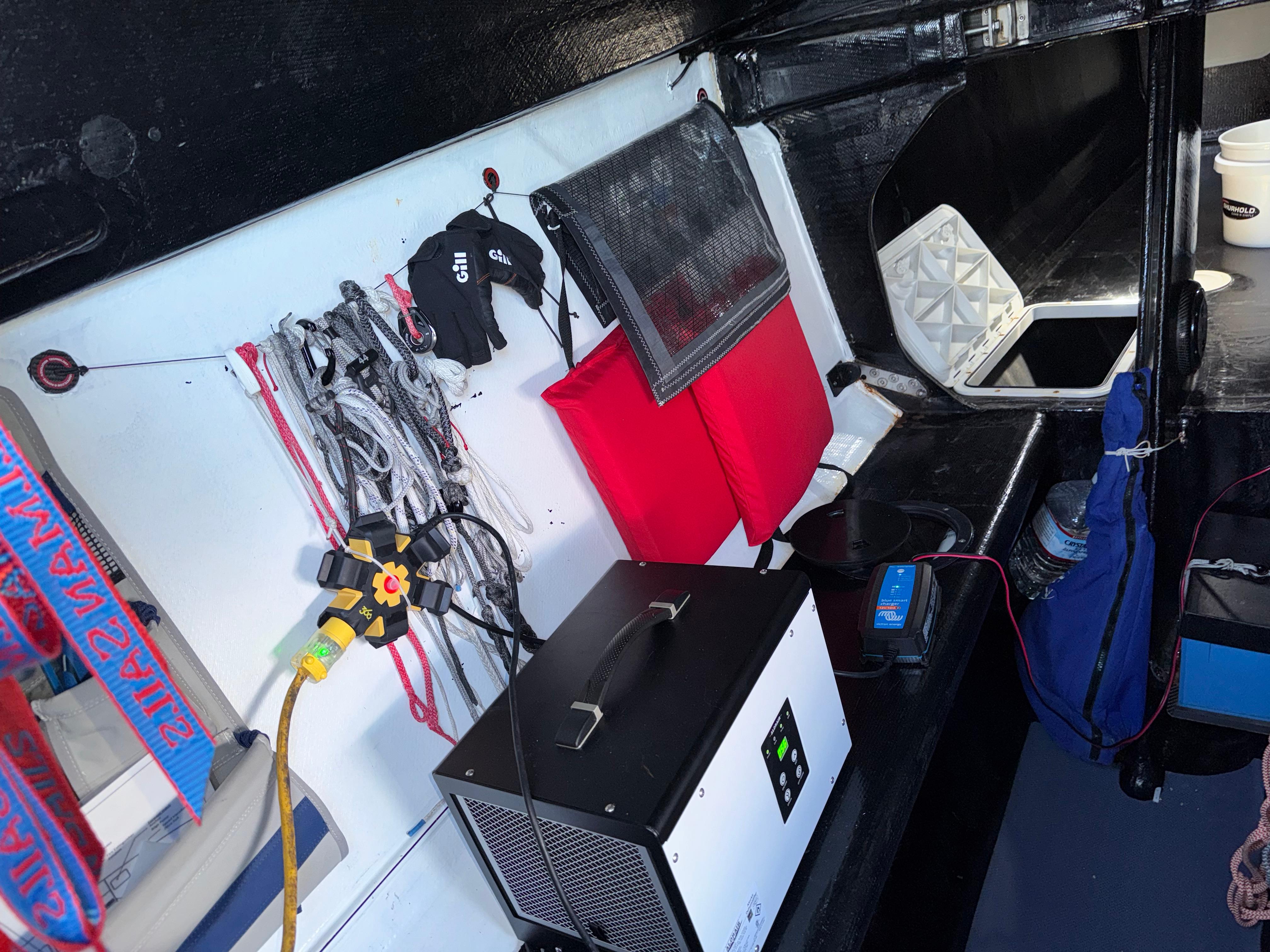 Interior of a 2015 Marstrom Seacart 30 sailboat with equipment and storage.