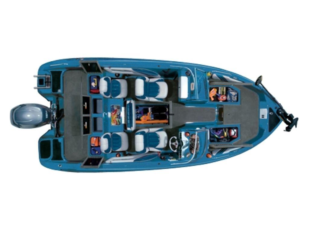 Overhead view of 2013 Stratos 486 SF boat with seating and storage compartments.