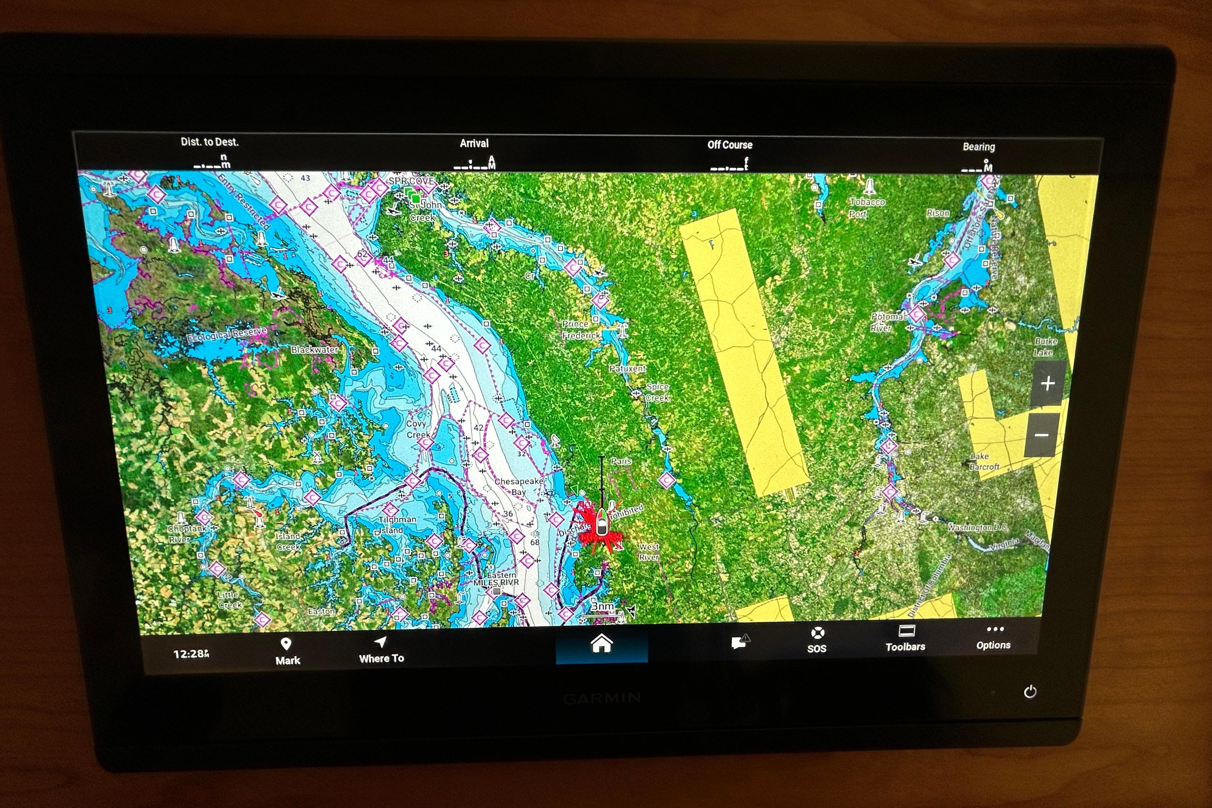 Garmin marine navigation display on 2023 Back Cove 39O, showing detailed coastal map.
