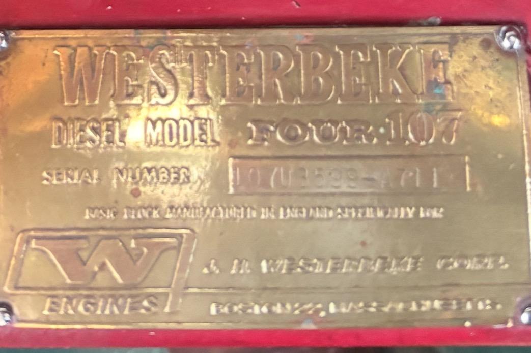Westerbeke diesel engine plate, model Four-107, serial number visible, Spencer 35, 1968.