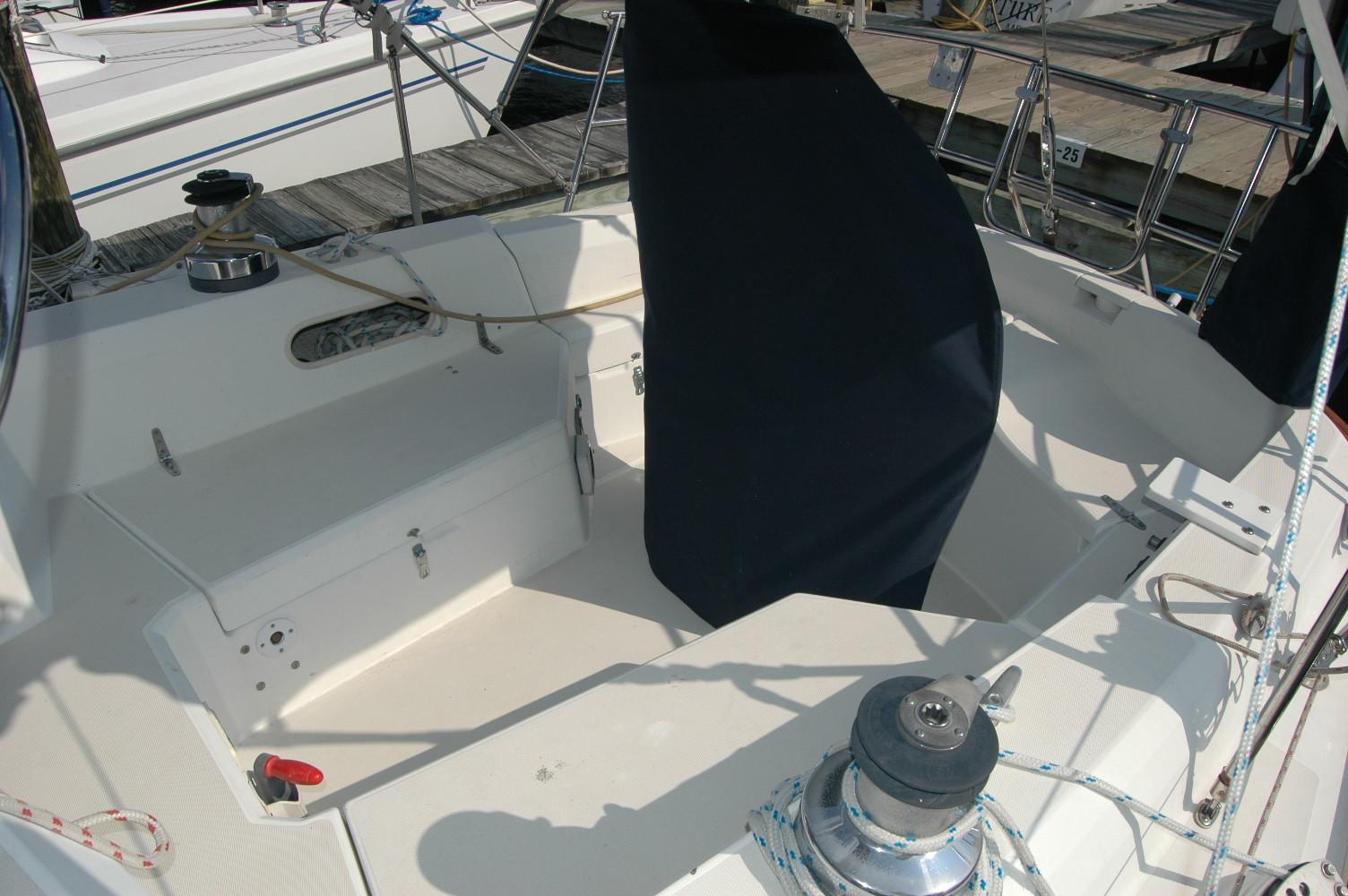 Cockpit of 1988 Sabre 38 MkII sailboat with winches and seating.