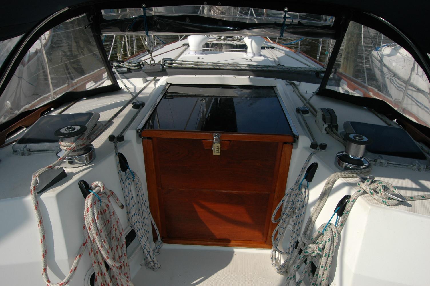 Cockpit of 1988 Sabre 38 MkII sailboat with ropes and winches visible.