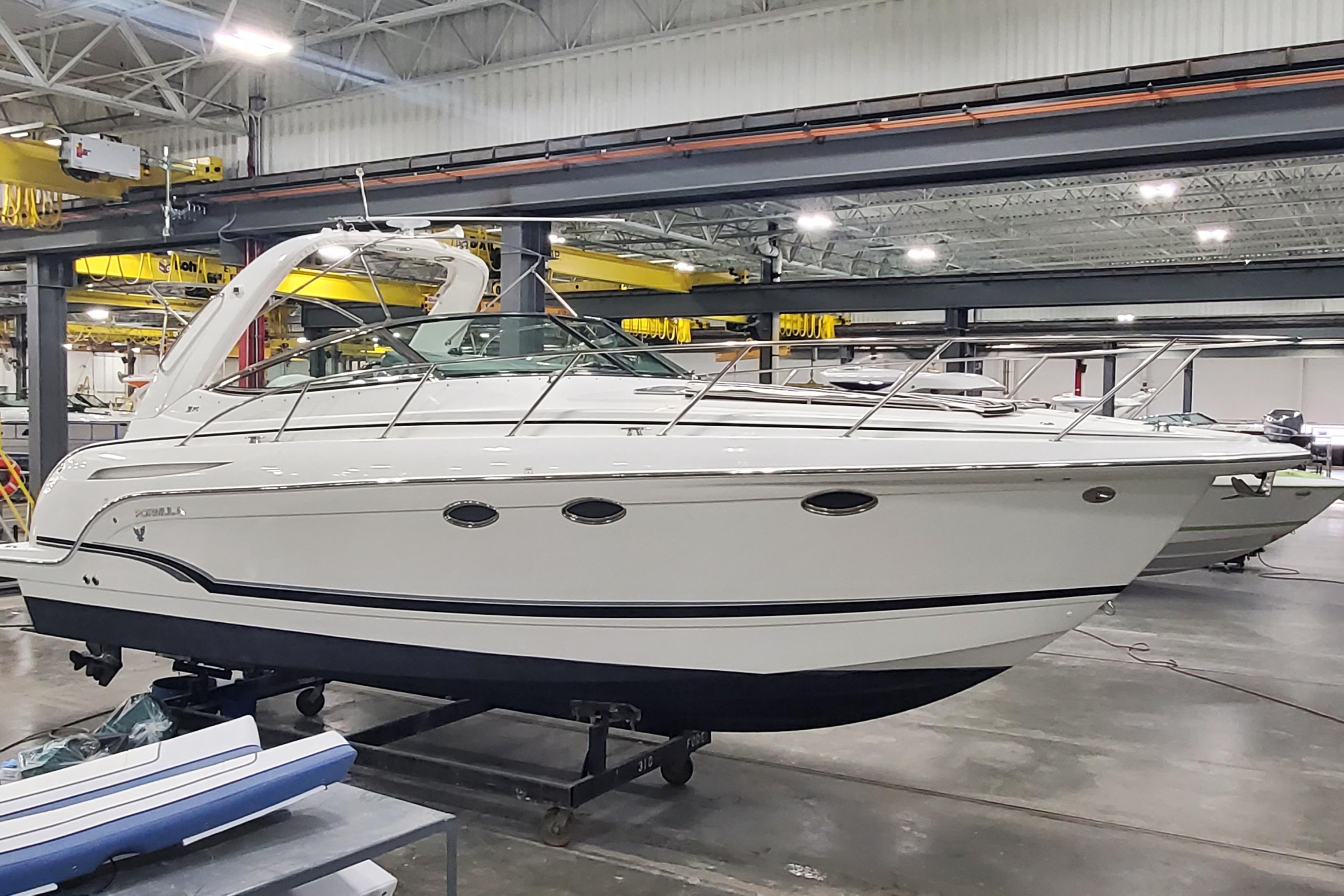 2010 Formula 31 Performance Cruiser in a showroom, side view.