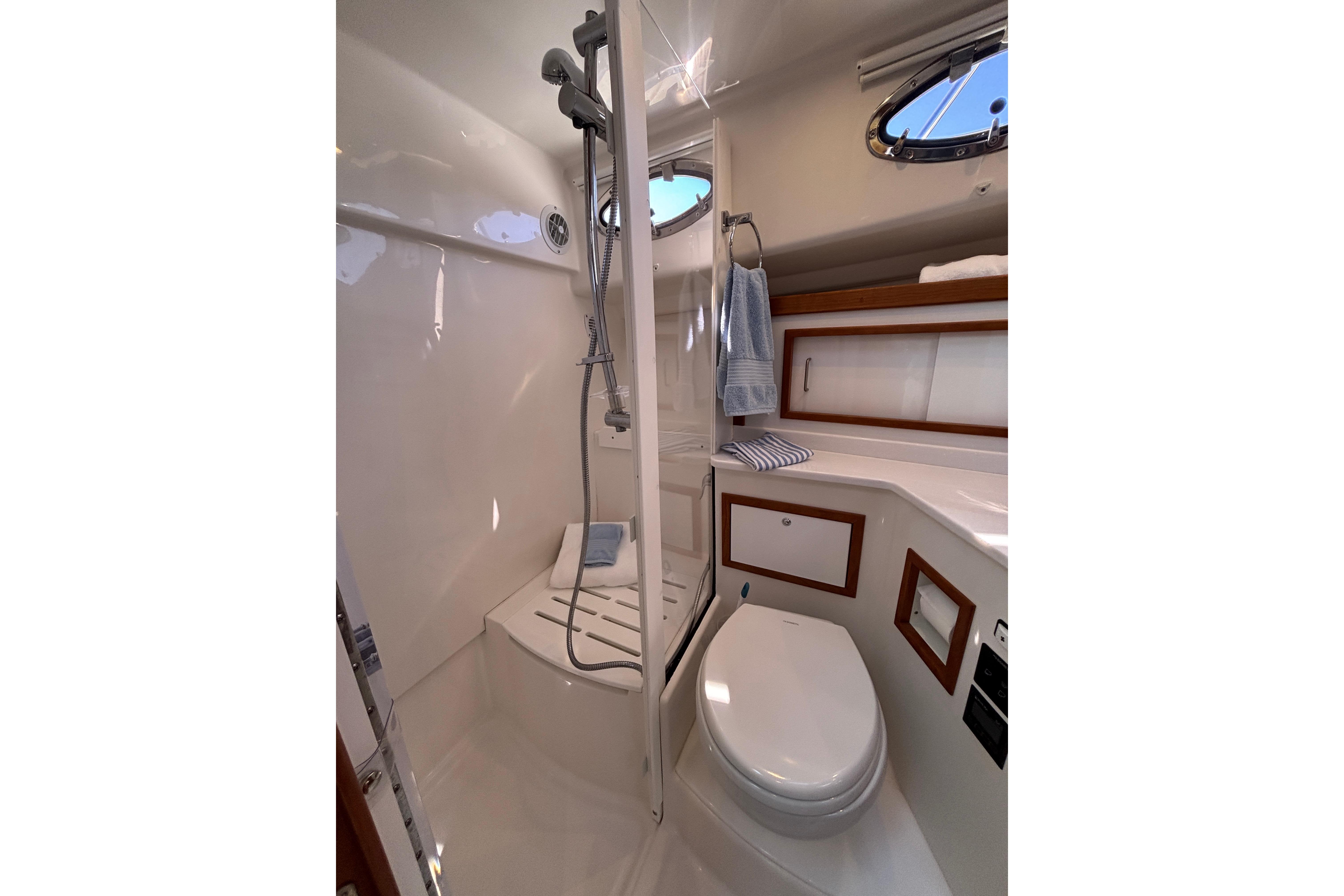 Luxurious bathroom in 2020 Back Cove 37 yacht with shower and modern fixtures.