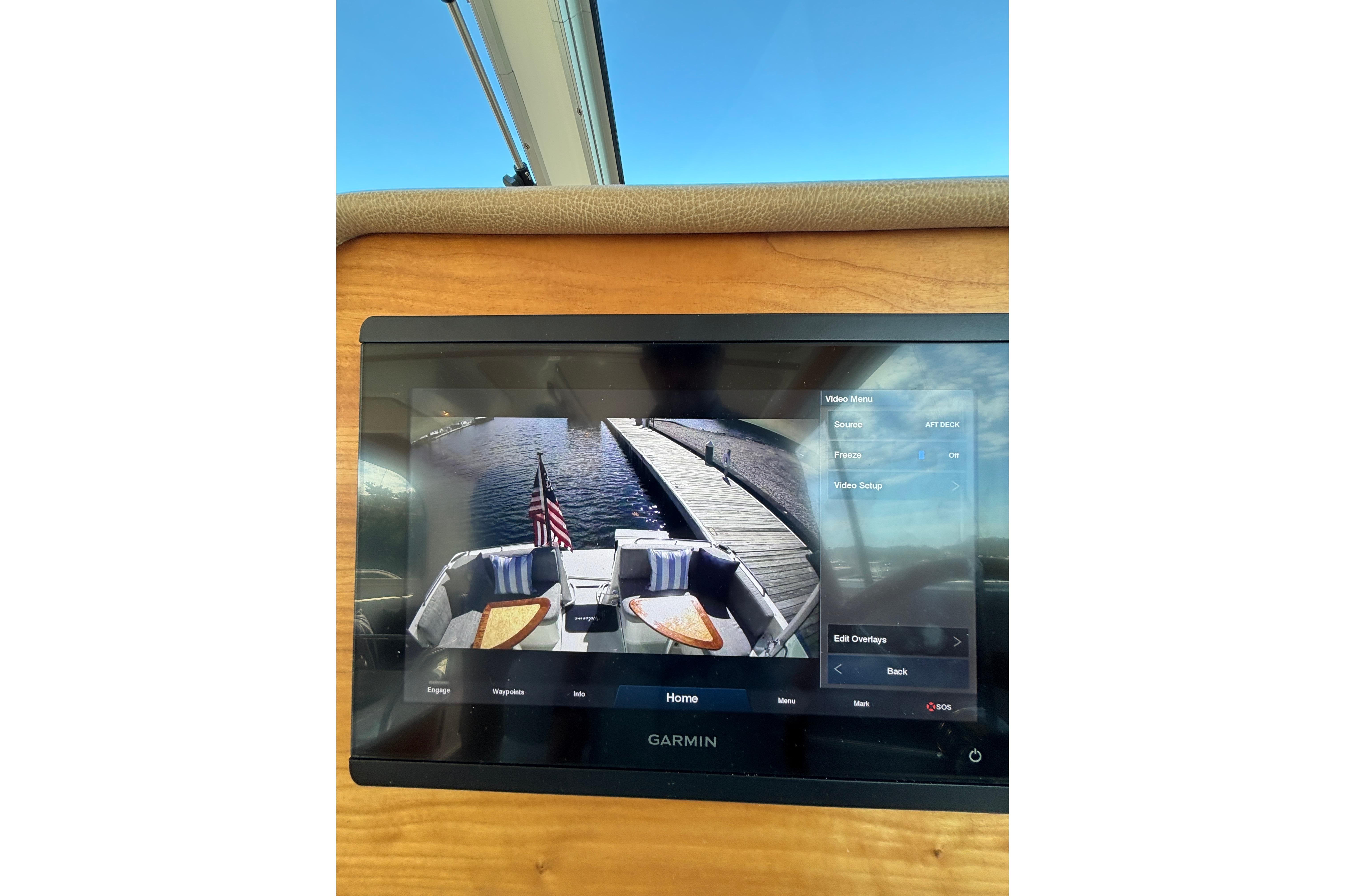 Garmin display on 2020 Back Cove 37 yacht, showing aft deck view.