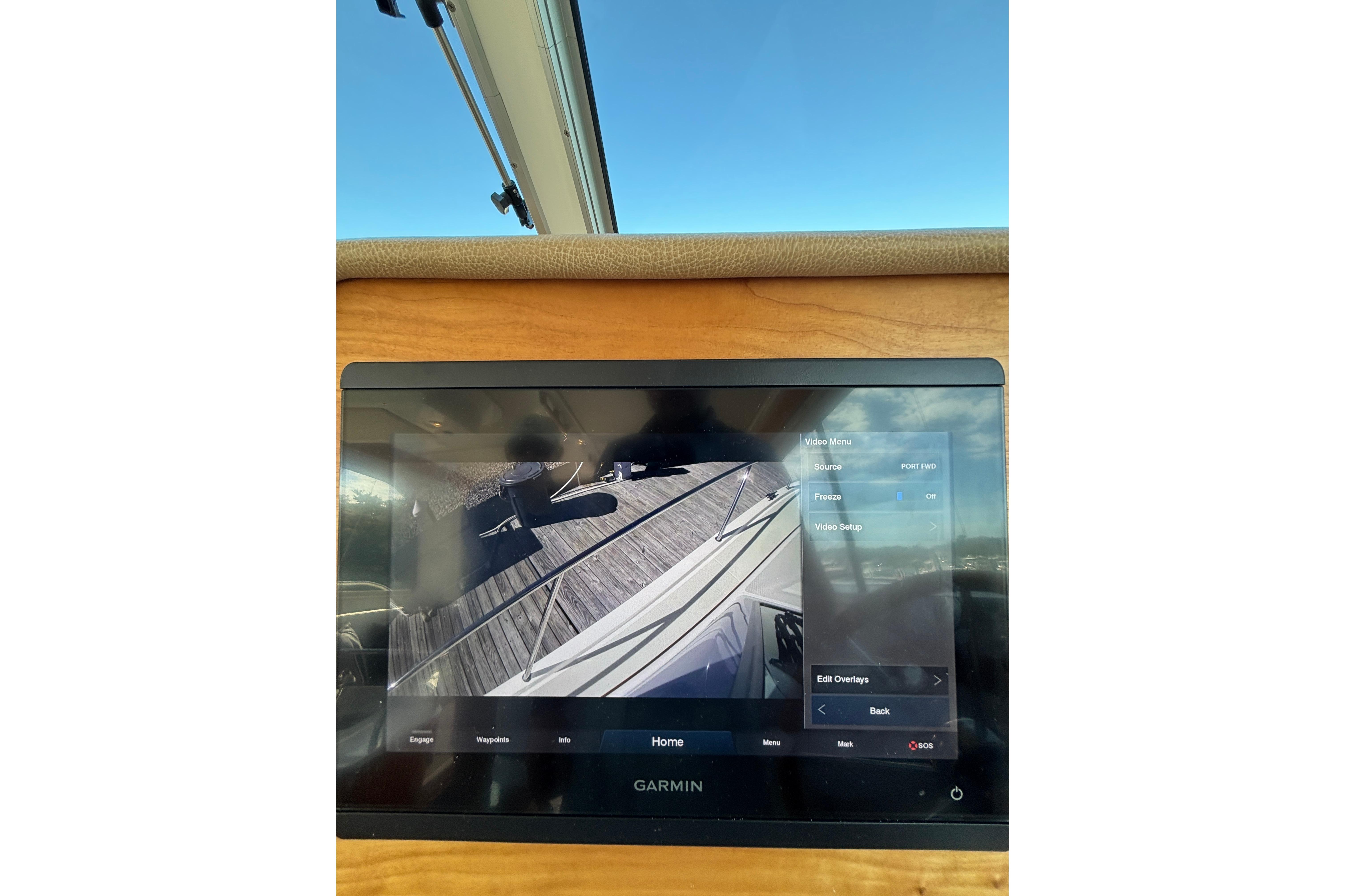 Garmin display on 2020 Back Cove 37 boat, showing video feed and menu options.