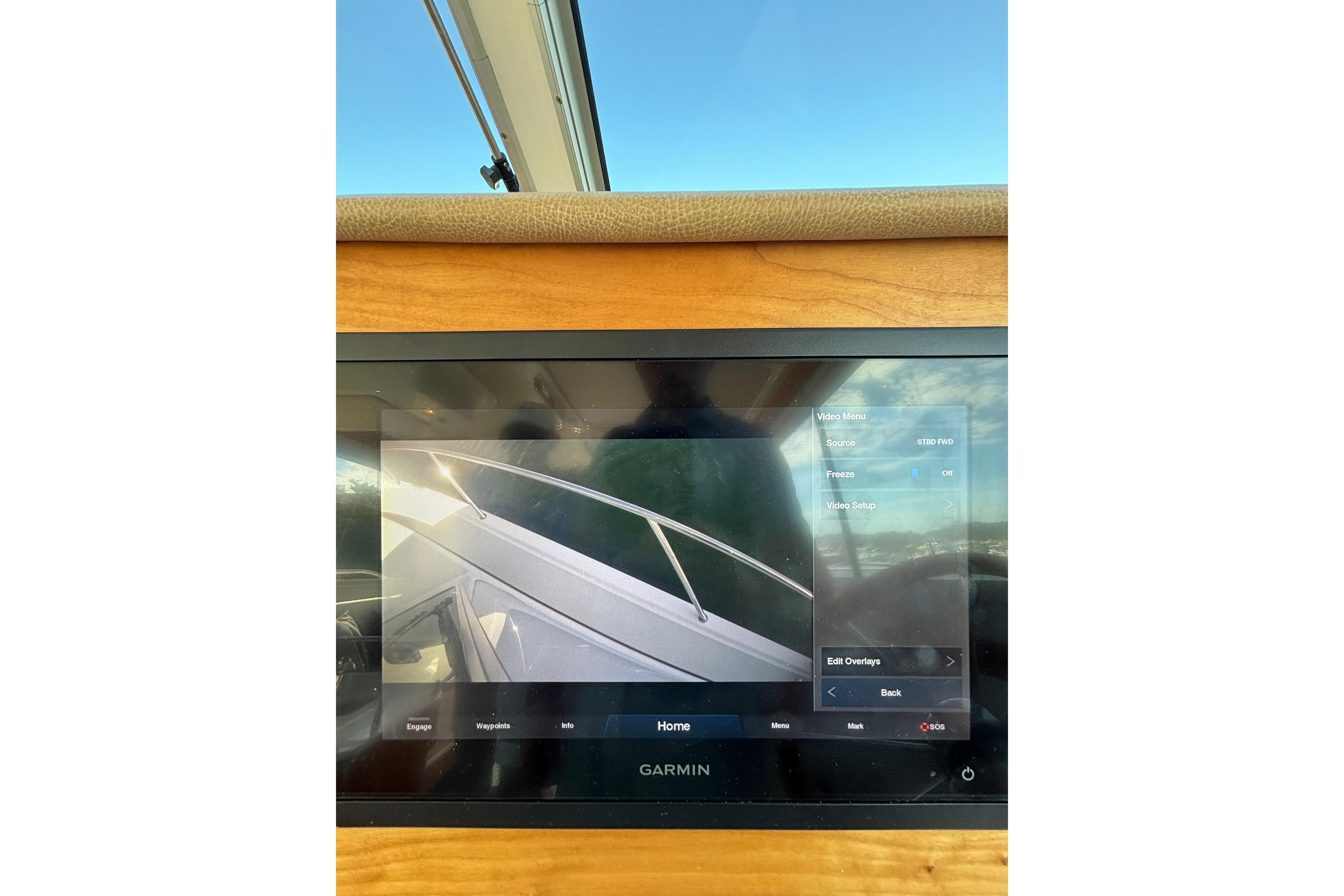 Garmin display on 2020 Back Cove 37 boat, showing video feed and menu options.