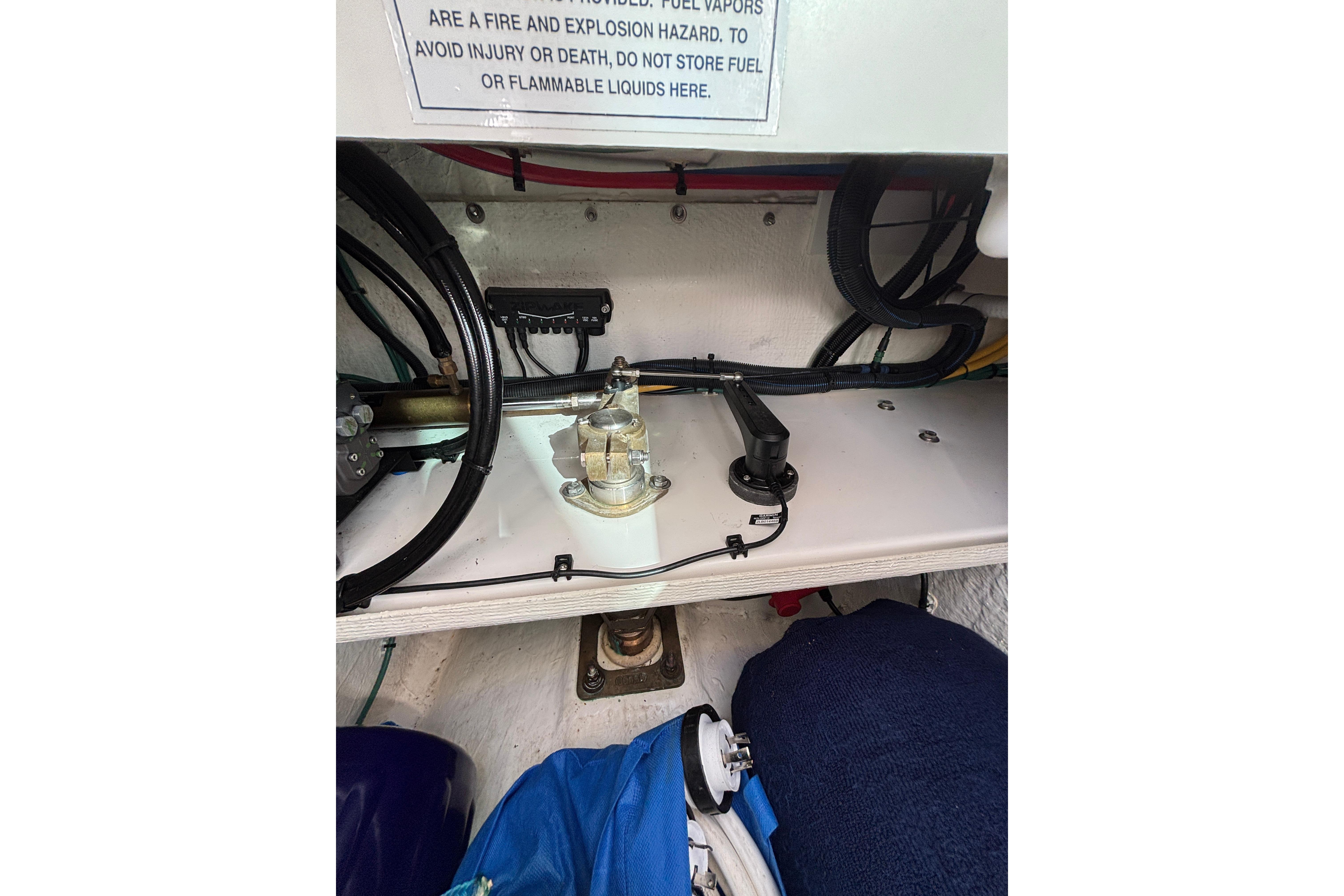 Engine compartment of 2020 Back Cove 37 boat, showing wiring and fuel components.