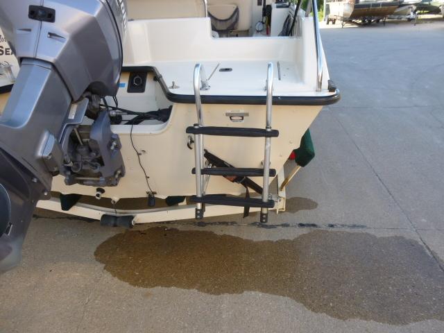Rear view of 2000 SeaArk Sunstar 21 boat with motor and ladder.