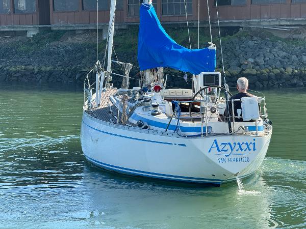 1974 Nautor Swan 38 sailboat named Azyxxi in San Francisco waters.