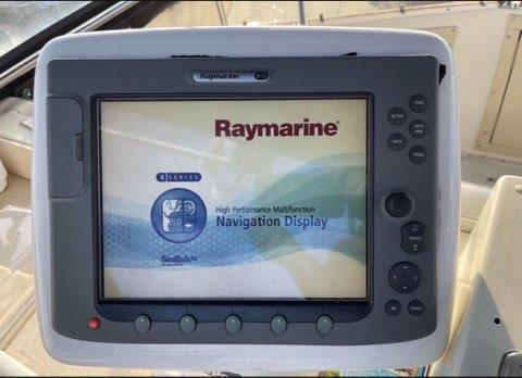 Raymarine navigation display on 1978 Hatteras Sportfish boat dashboard.