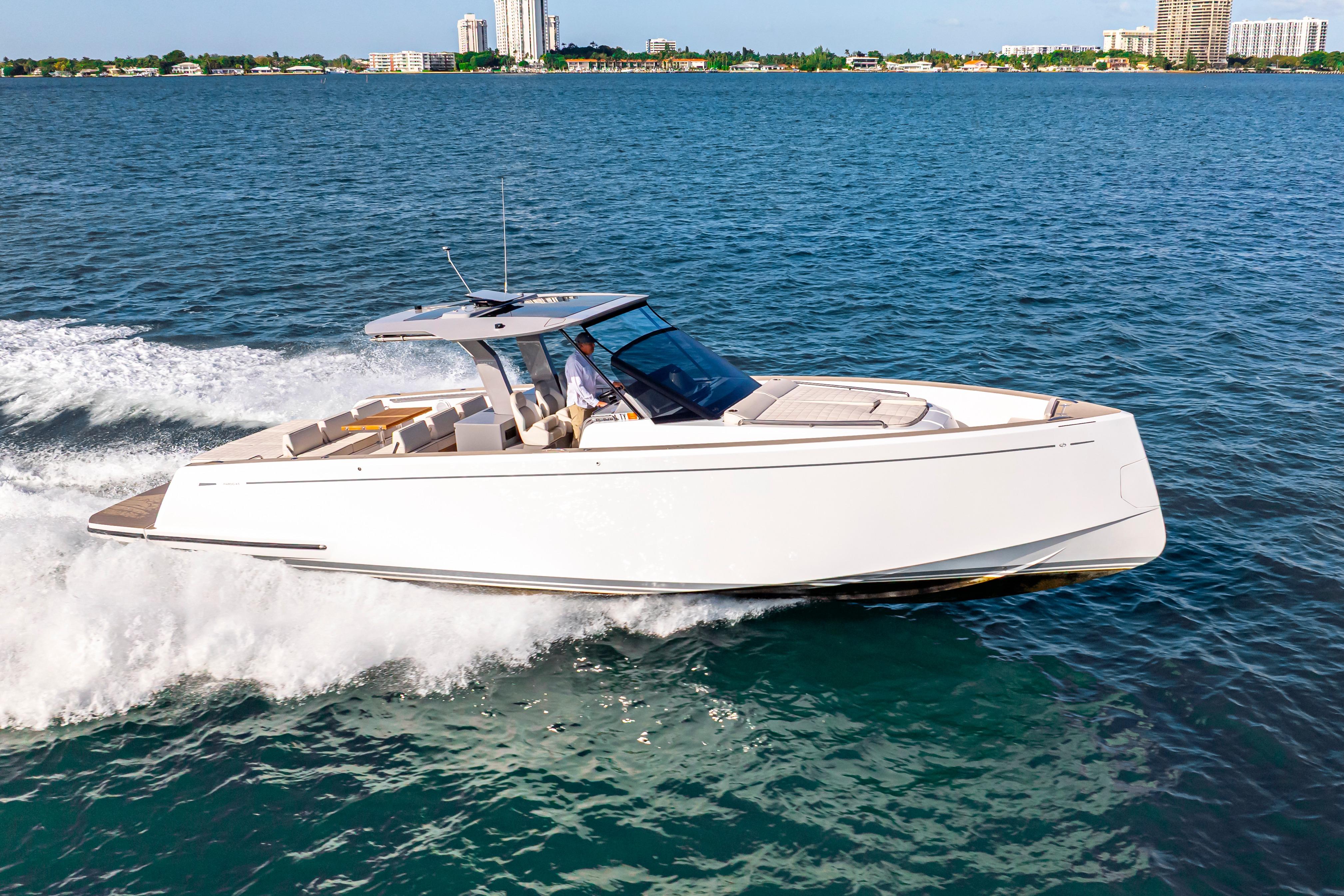 2024 Pardo Yachts P43 cruising on open water, showcasing sleek design and luxury.