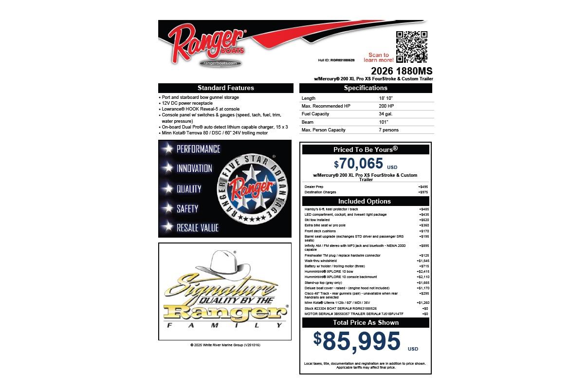 2026 Ranger 1880MS boat specifications and pricing details, featuring advanced options and custom trailer.