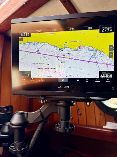 Garmin navigation display on 1982 Bristol Channel Cutter 28 sailboat.