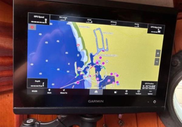Garmin GPS display on 1982 Bristol Channel Cutter 28, showing nautical navigation map.
