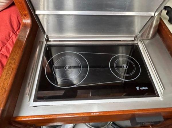 Stainless steel stove in a 1982 Bristol Channel Cutter 28 yacht kitchen.